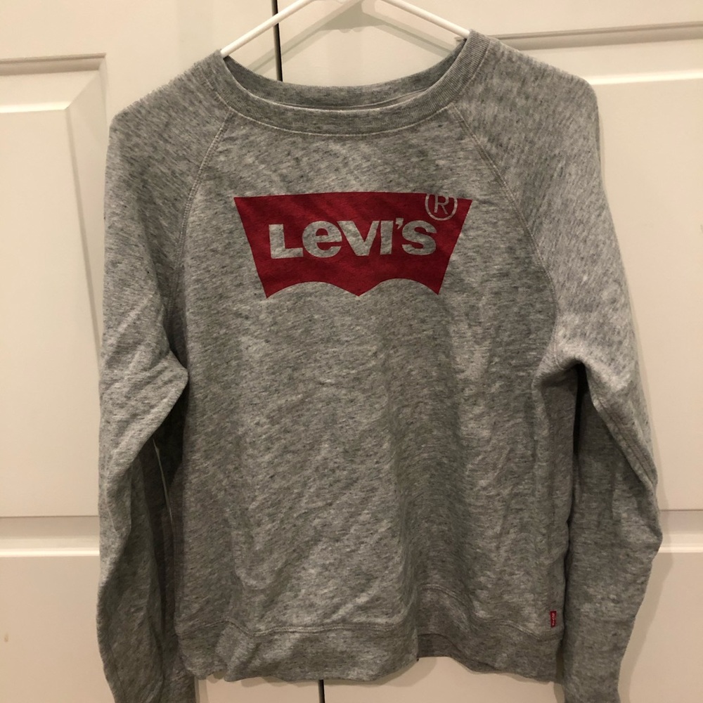 grey, red sweater